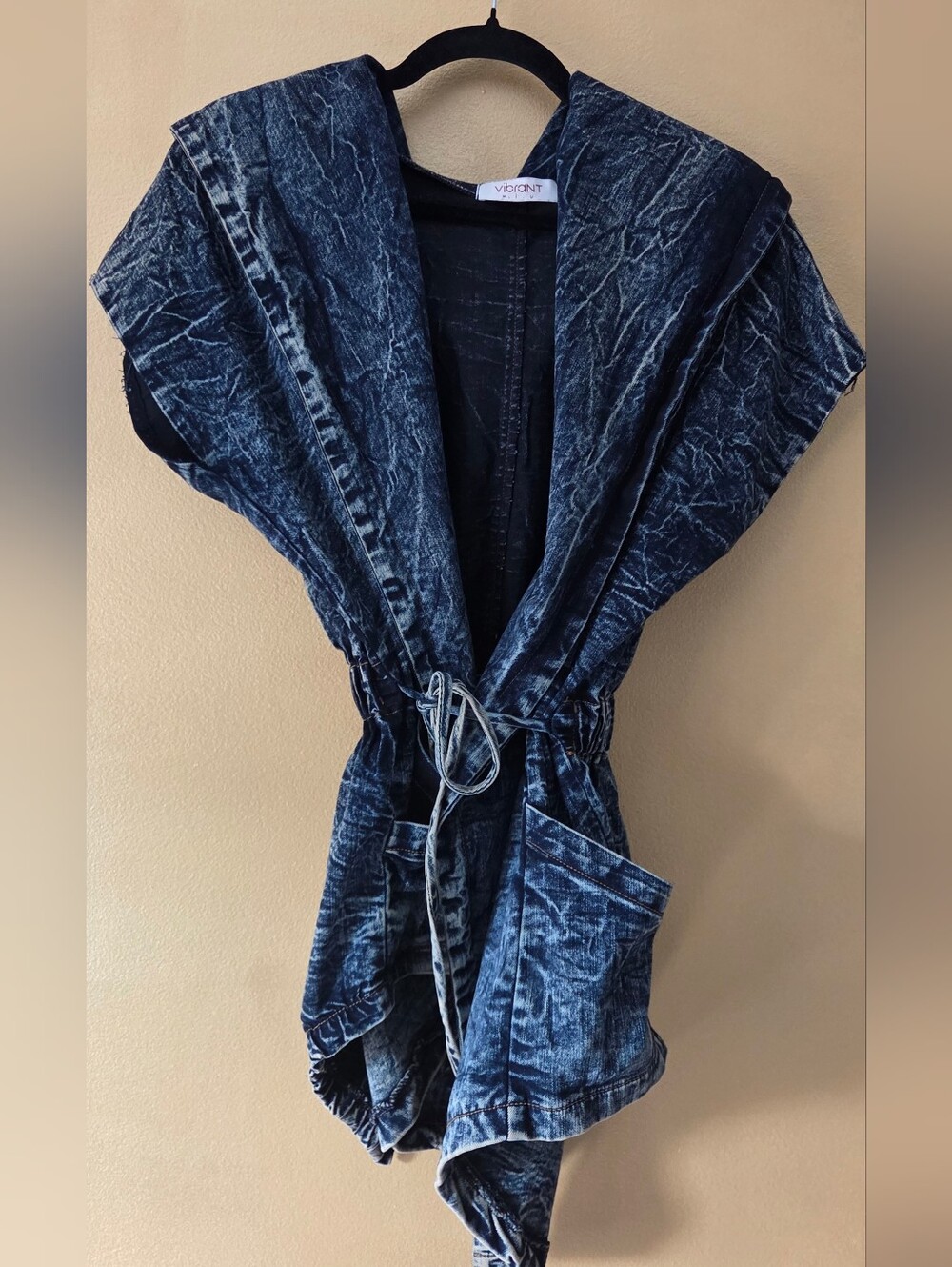 Vibrant MIU Vintage Hooded Dark Washed Denim Jacket with Tie Waist Small-Medium